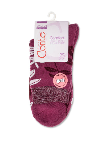 A pair of purple ankle socks with a white leafy pattern, folded and packaged with a cardboard tag displaying branding and sizing details.