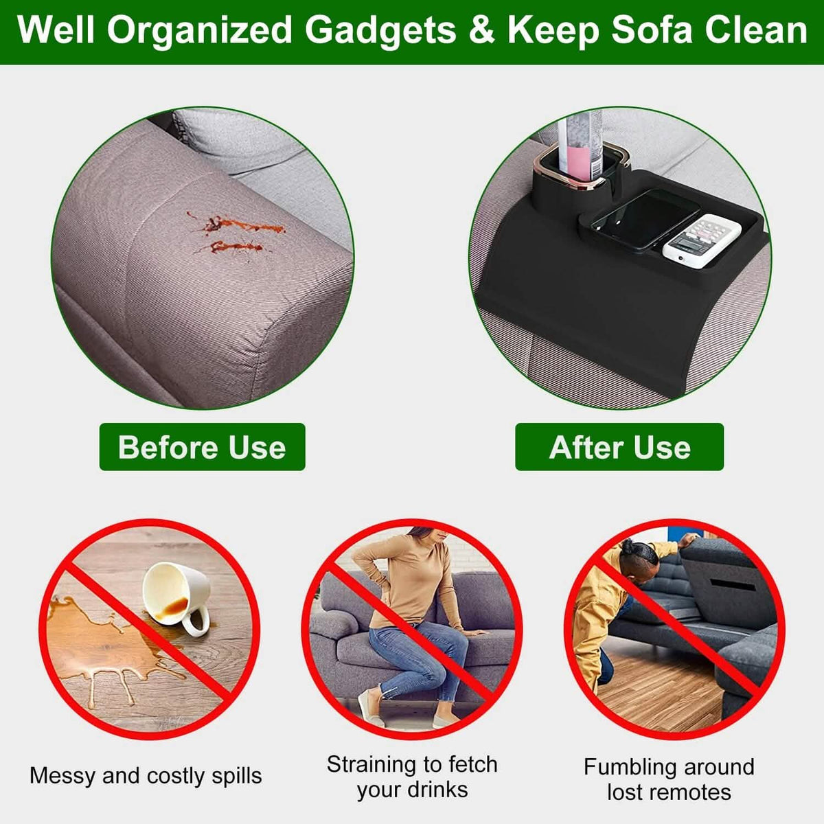 Couch Arm Cup Holder Tray Anti-spill Anti-slip Silicone Armrest Remote Snack Organizer - A-1 Thread Vault