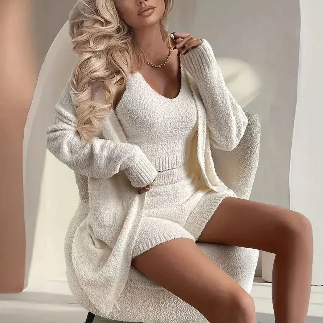 Cozy Women's Fleece Long Sleeve Cardigan Lounge Set, V Neck Tank Top and Shorts - A-1 Thread Vault