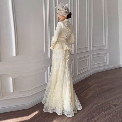 Cream Peplum Jacket & Lace Skirt Set(MS284) - A-1 Thread Vault