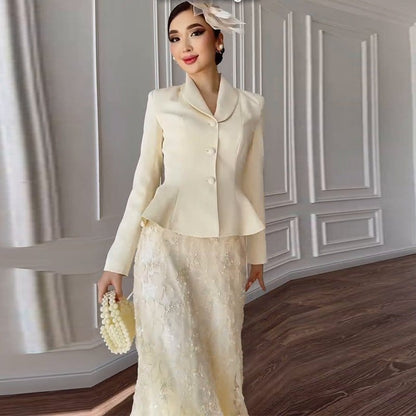 Cream Peplum Jacket & Lace Skirt Set(MS284) - A-1 Thread Vault