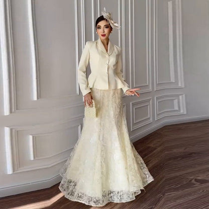 Cream Peplum Jacket & Lace Skirt Set(MS284) - A-1 Thread Vault