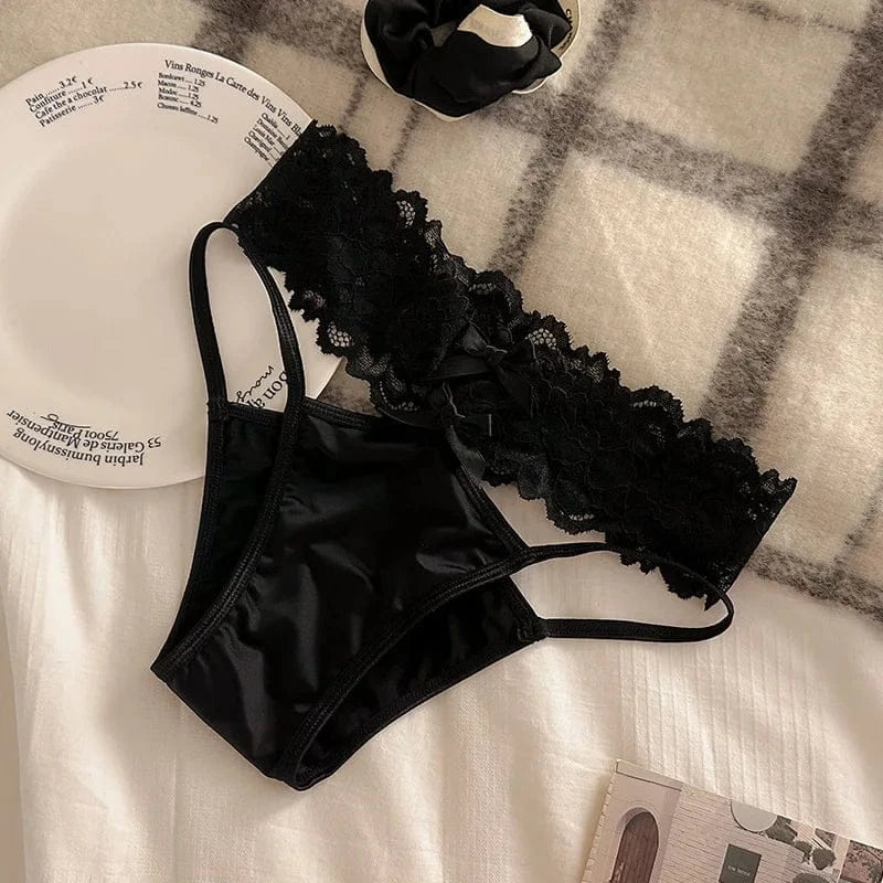 Cross Belt Lace Transparent Sexy Underpants Women's Low Waist Mesh Hollowed Bow Panties Cotton Breathable Briefs Lingerie - A-1 Thread Vault
