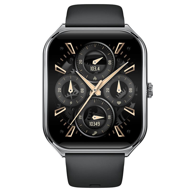 A rectangular smartwatch with a polished metallic frame and a black silicone strap features a digital watch face with four circular mechanical-style gauges against a black background.