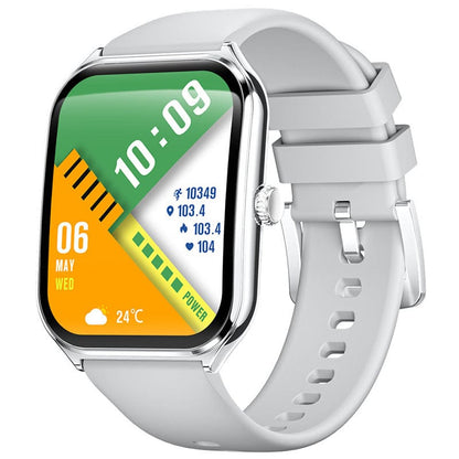 A rectangular smartwatch with a polished silver-tone case and a light grey silicone strap displays a vibrant digital watch face with green, yellow, and white segments showing the time, date, and fitness metrics.