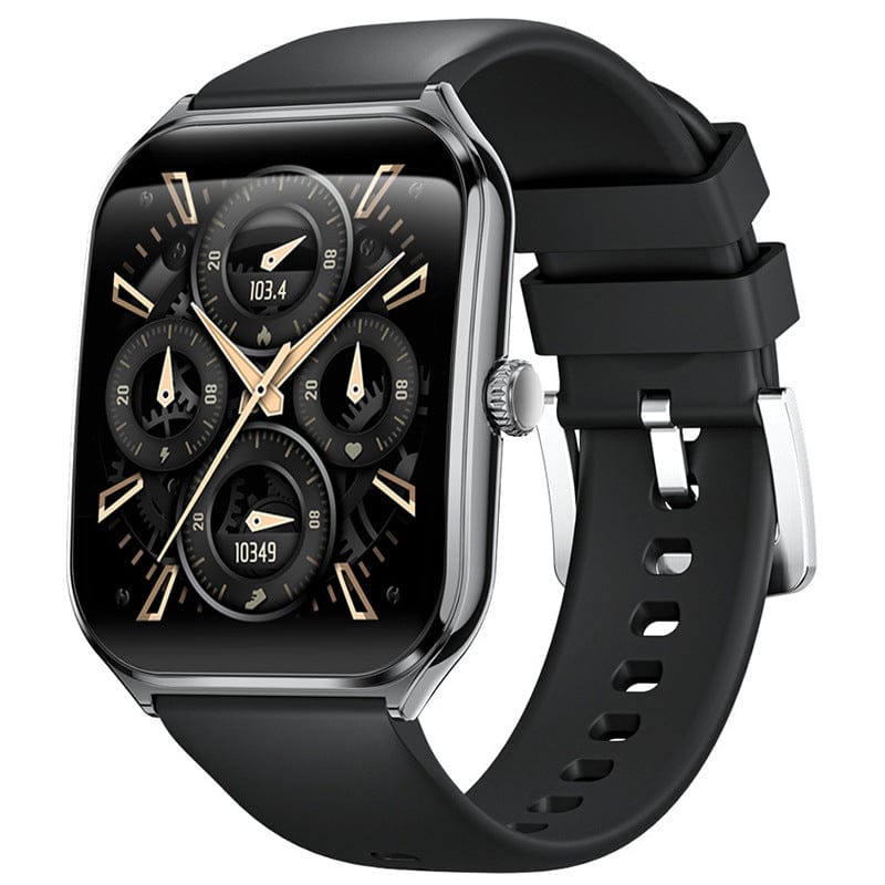 A rectangular smartwatch with a polished metallic frame, black silicone band, and a complex analog-style digital watch face displaying four circular gauges.