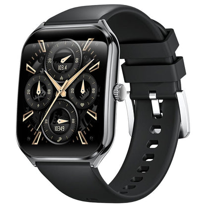 A rectangular smartwatch with a polished metallic frame, black silicone band, and a complex analog-style digital watch face displaying four circular gauges.