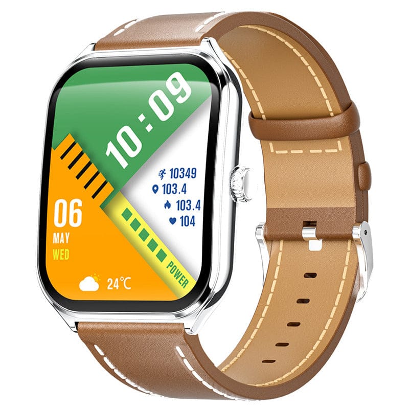 A rectangular smartwatch with a polished silver frame and a brown leather strap displays a digital clock face featuring green, yellow, and white graphic elements against a white background.