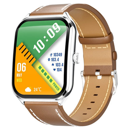 A rectangular smartwatch with a polished silver frame and a brown leather strap displays a digital clock face featuring green, yellow, and white graphic elements against a white background.