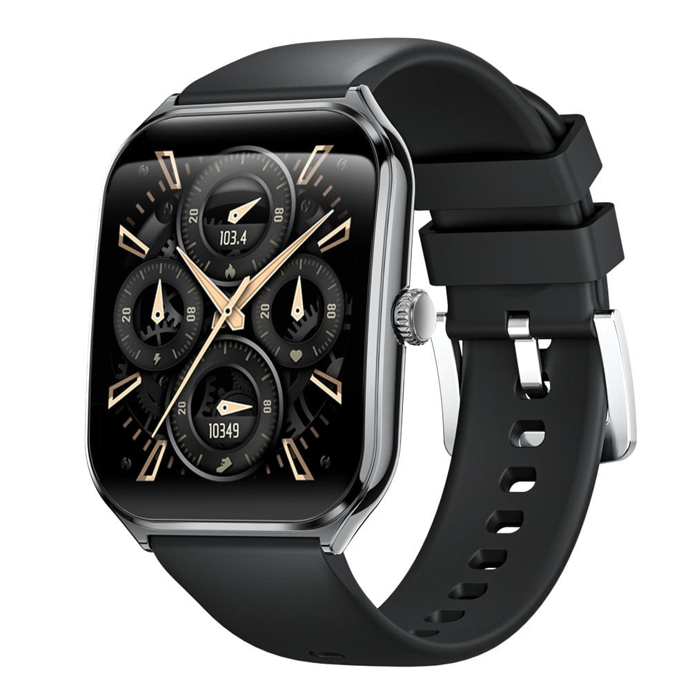 A black smartwatch with a rectangular display featuring a complex gold and black analog-style clock face and a smooth silicone strap set against a white background.