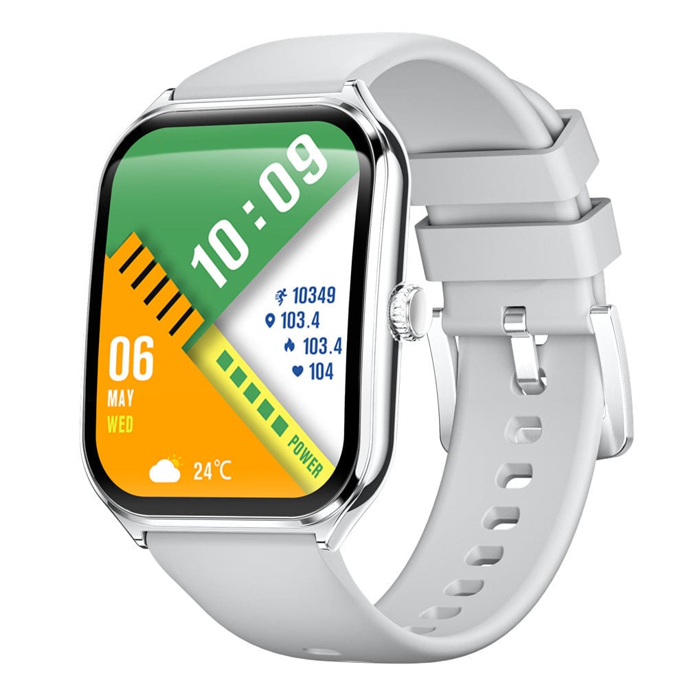 A rectangular smartwatch with a silver metallic frame and a light grey silicone strap features a colorful digital watch face displaying the time, date, weather, and activity metrics.