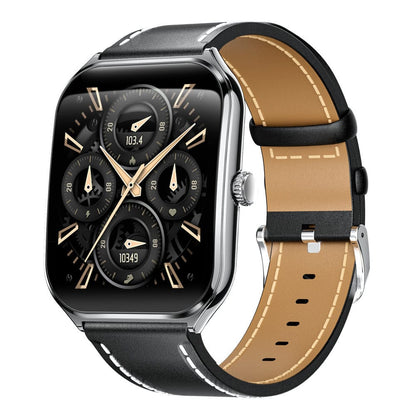 A rectangular smartwatch with a silver metallic frame and a black leather strap featuring white contrast stitching, displayed against a white background.