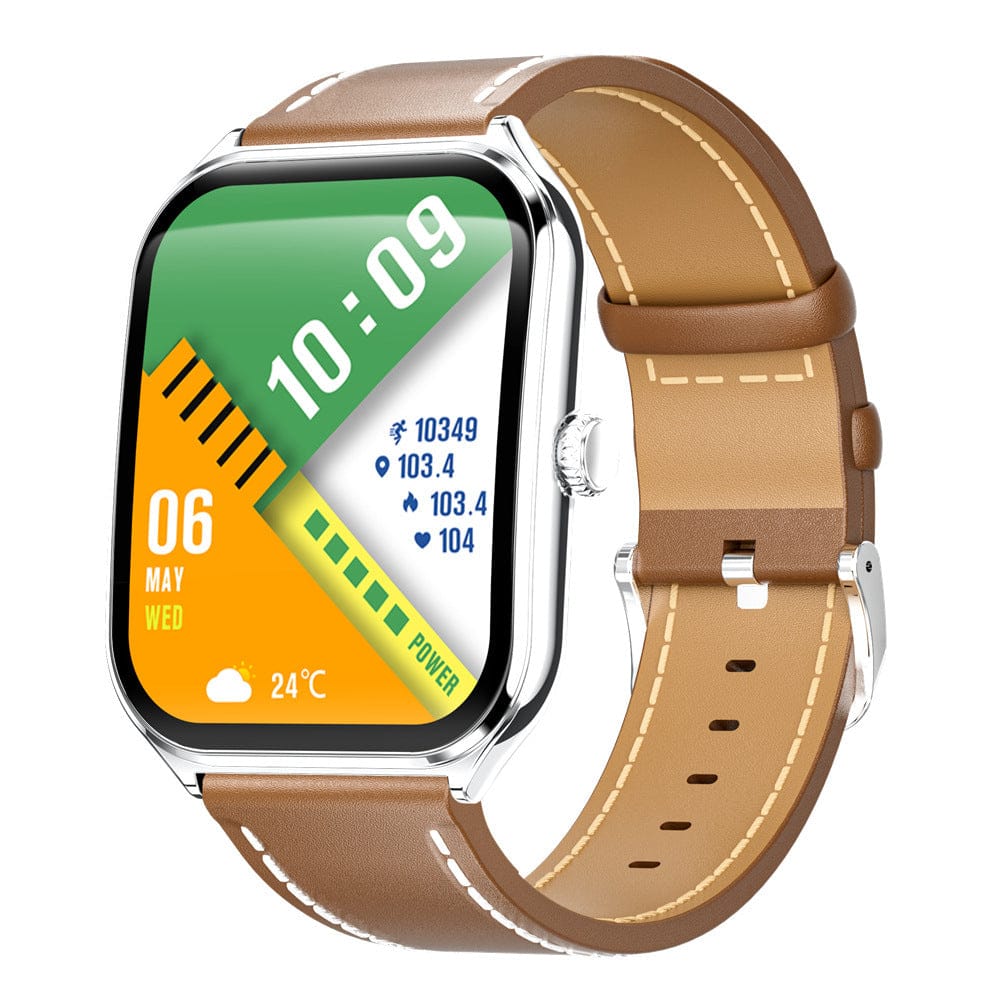 A rectangular smartwatch with a polished silver frame and a brown leather strap displays a digital clock face featuring green, yellow, and white graphic segments on a white background.