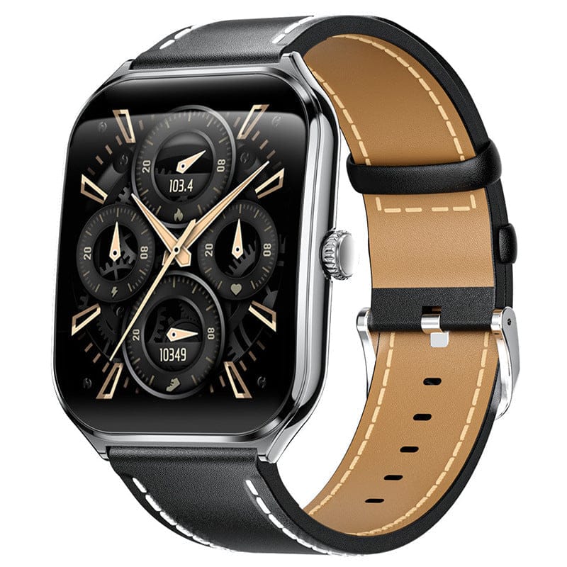 A rectangular smartwatch with a polished metallic frame, black screen displaying an analog-style dial, and a black leather strap with beige contrast stitching.
