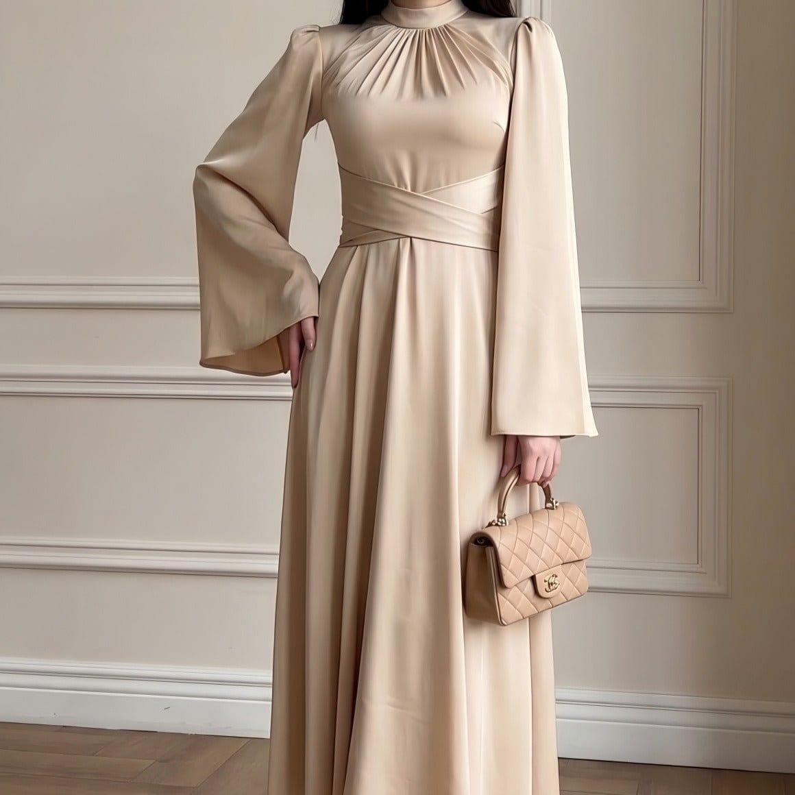 Cross-Wrap Ruched Neck Satin Maxi Dress(MS445) - A-1 Thread Vault