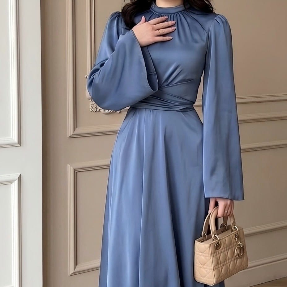 Cross-Wrap Ruched Neck Satin Maxi Dress(MS445) - A-1 Thread Vault