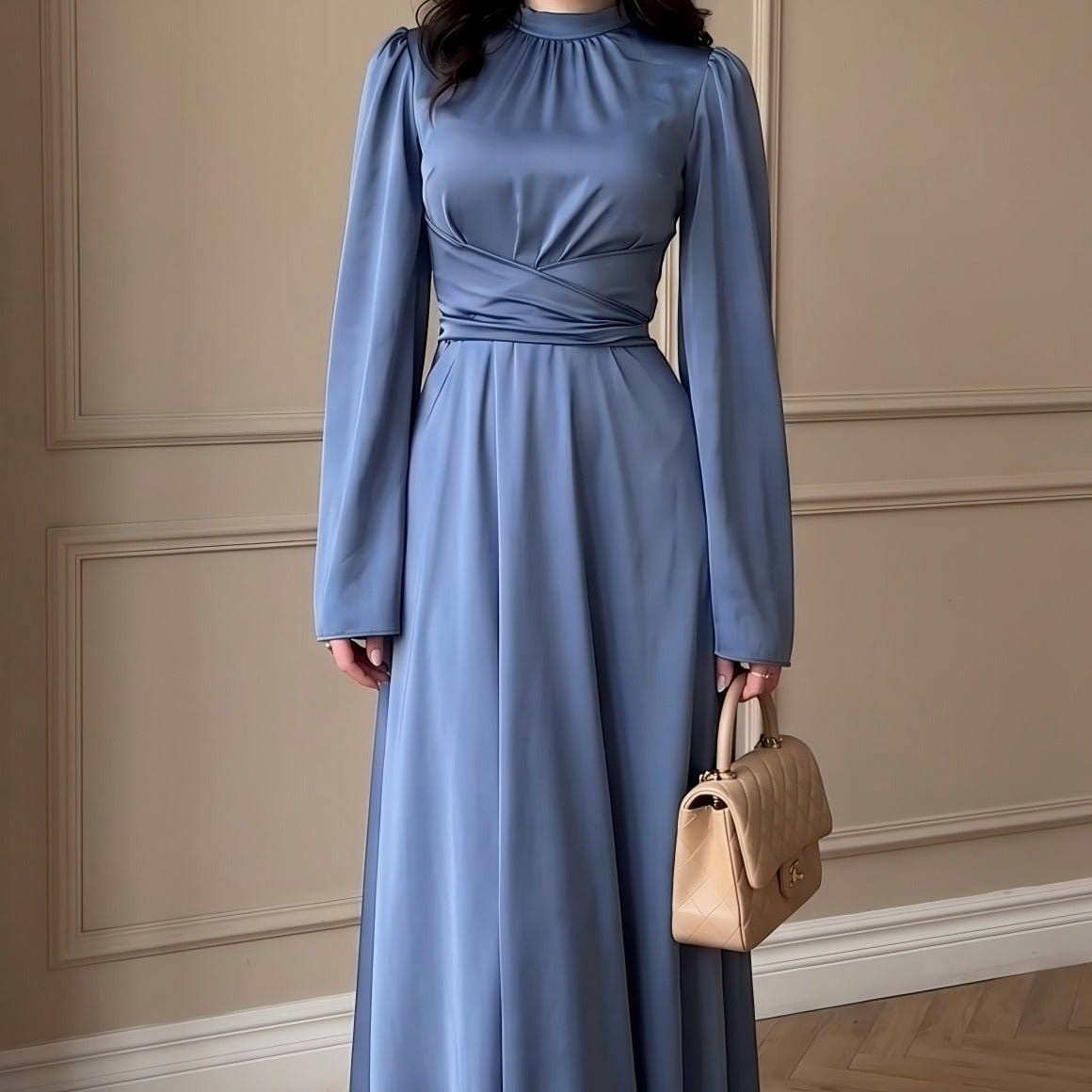 Cross-Wrap Ruched Neck Satin Maxi Dress(MS445) - A-1 Thread Vault