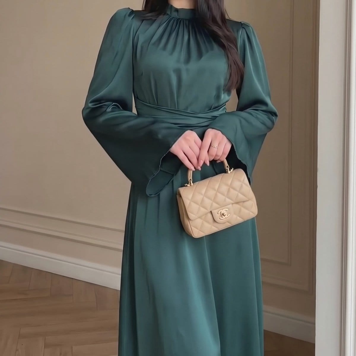 Cross-Wrap Ruched Neck Satin Maxi Dress(MS445) - A-1 Thread Vault