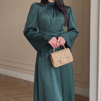 Cross-Wrap Ruched Neck Satin Maxi Dress(MS445) - A-1 Thread Vault
