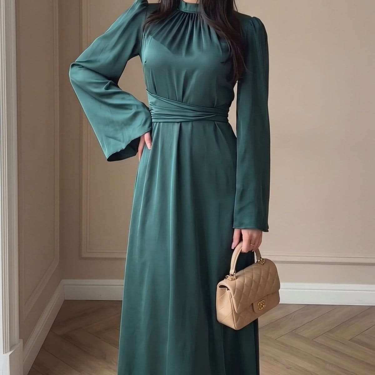 Cross-Wrap Ruched Neck Satin Maxi Dress(MS445) - A-1 Thread Vault