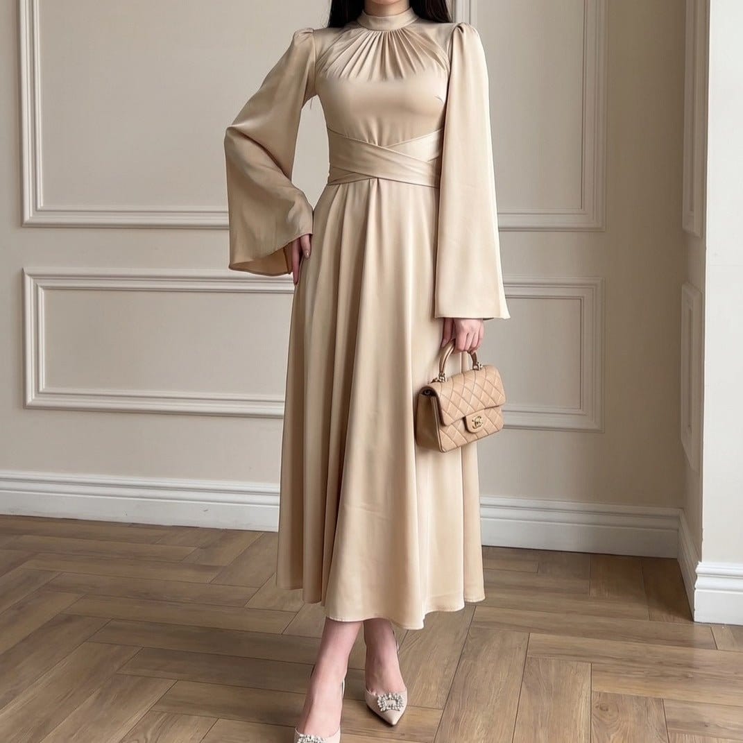 Cross-Wrap Ruched Neck Satin Maxi Dress(MS445) - A-1 Thread Vault