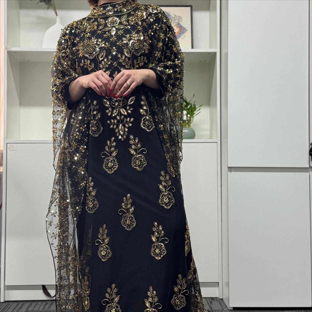 Crystal Beaded Cape Overlay Abaya Set (MA427) - A-1 Thread Vault