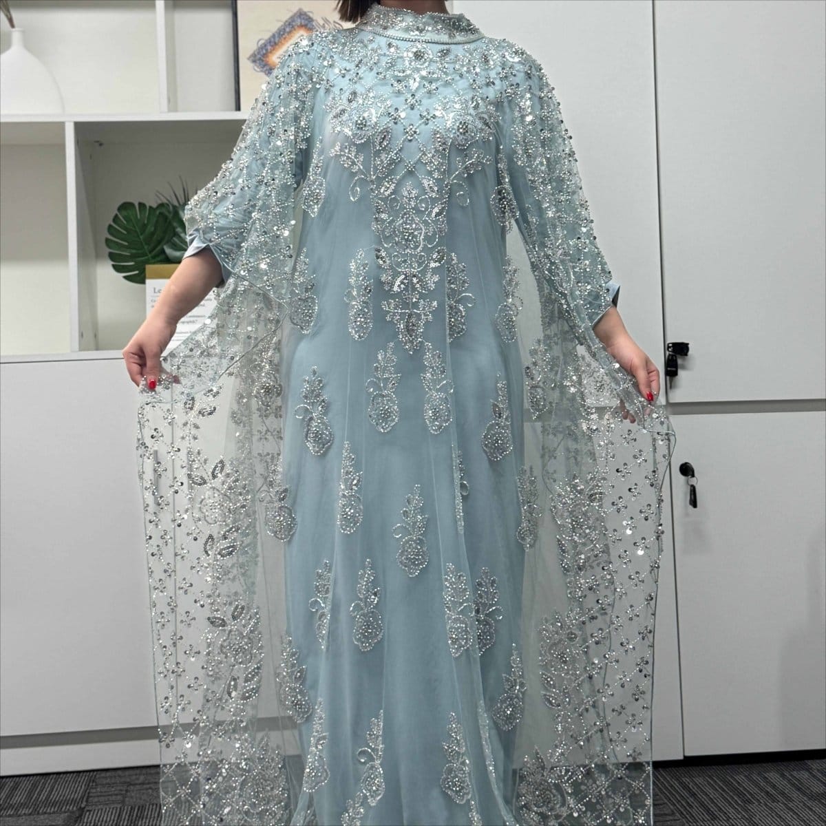 Crystal Beaded Cape Overlay Abaya Set (MA427) - A-1 Thread Vault