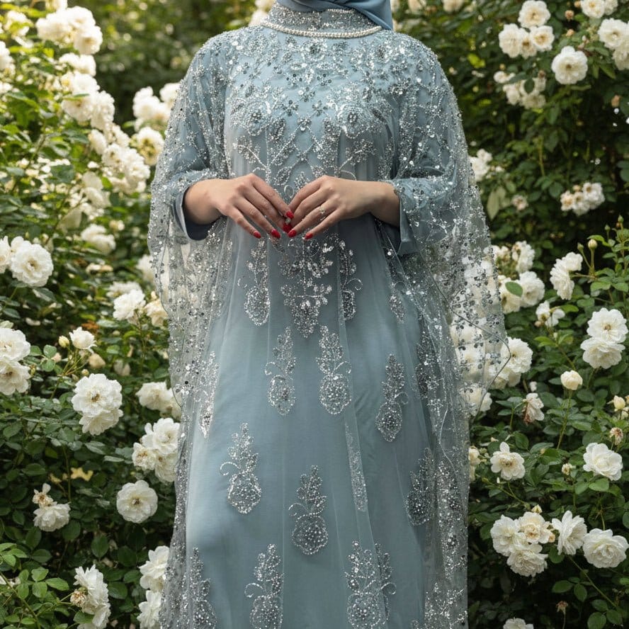 Crystal Beaded Cape Overlay Abaya Set (MA427) - A-1 Thread Vault