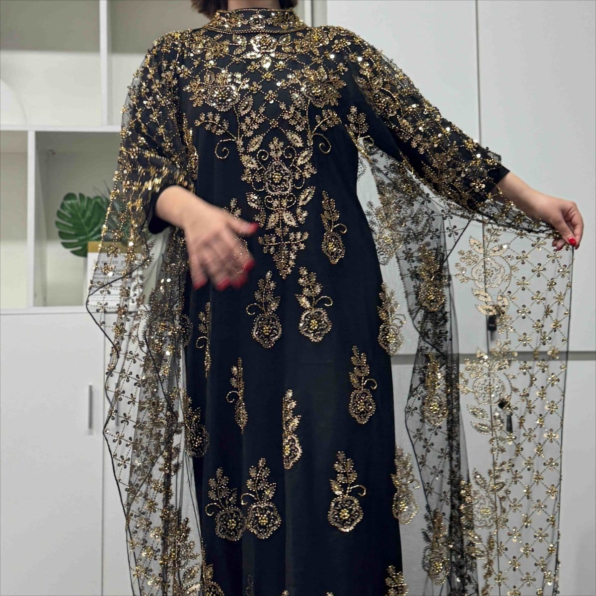 Crystal Beaded Cape Overlay Abaya Set (MA427) - A-1 Thread Vault