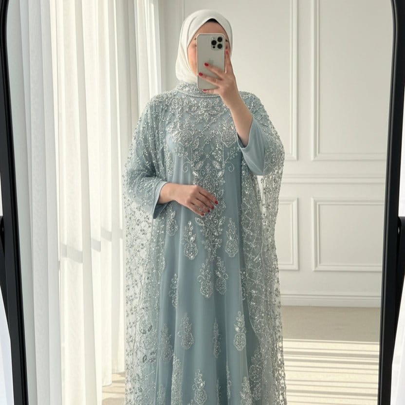 Crystal Beaded Cape Overlay Abaya Set (MA427) - A-1 Thread Vault