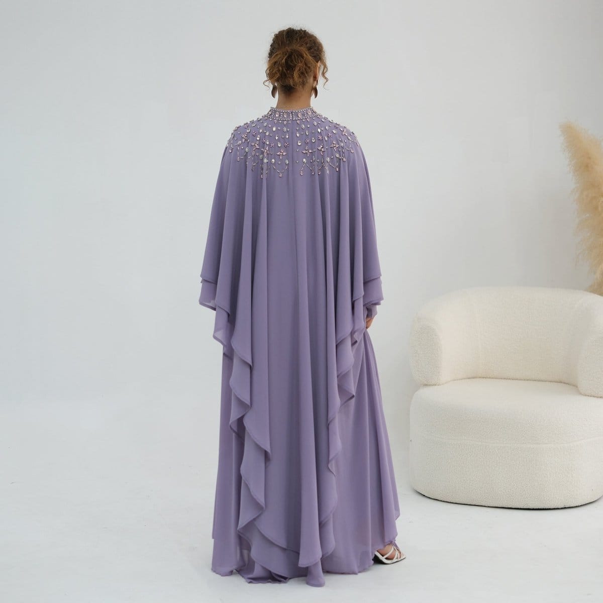 Crystal Embellished Cape Sleeve Chiffon Maxi Dress Set(MS461) - A-1 Thread Vault