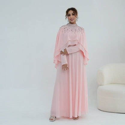 Crystal Embellished Cape Sleeve Chiffon Maxi Dress Set(MS461) - A-1 Thread Vault