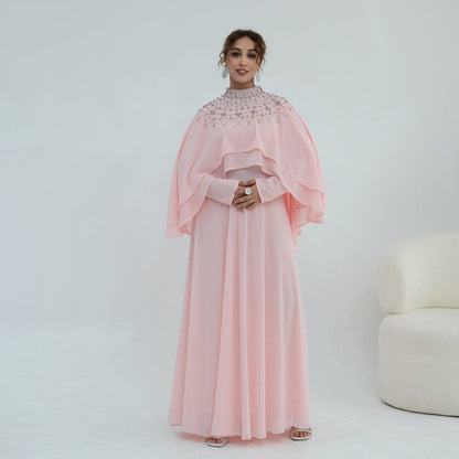 Crystal Embellished Cape Sleeve Chiffon Maxi Dress Set(MS461) - A-1 Thread Vault