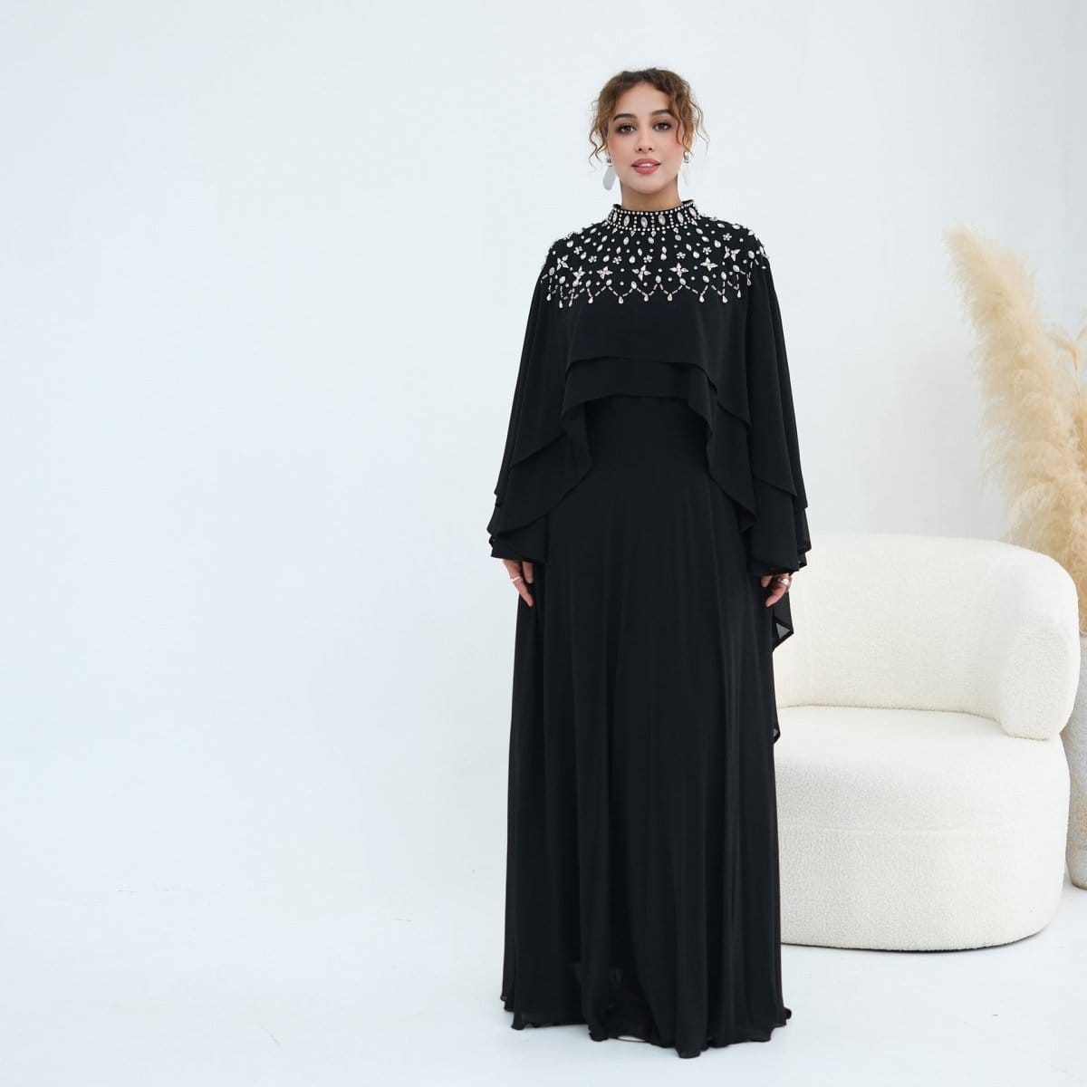 Crystal Embellished Cape Sleeve Chiffon Maxi Dress Set(MS461) - A-1 Thread Vault