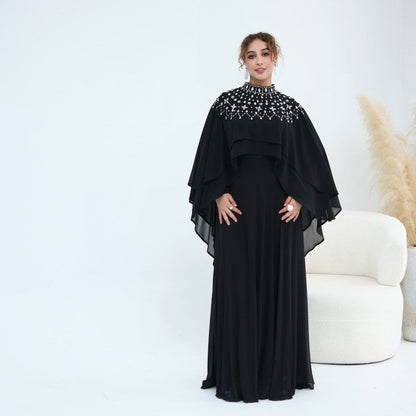 Crystal Embellished Cape Sleeve Chiffon Maxi Dress Set(MS461) - A-1 Thread Vault
