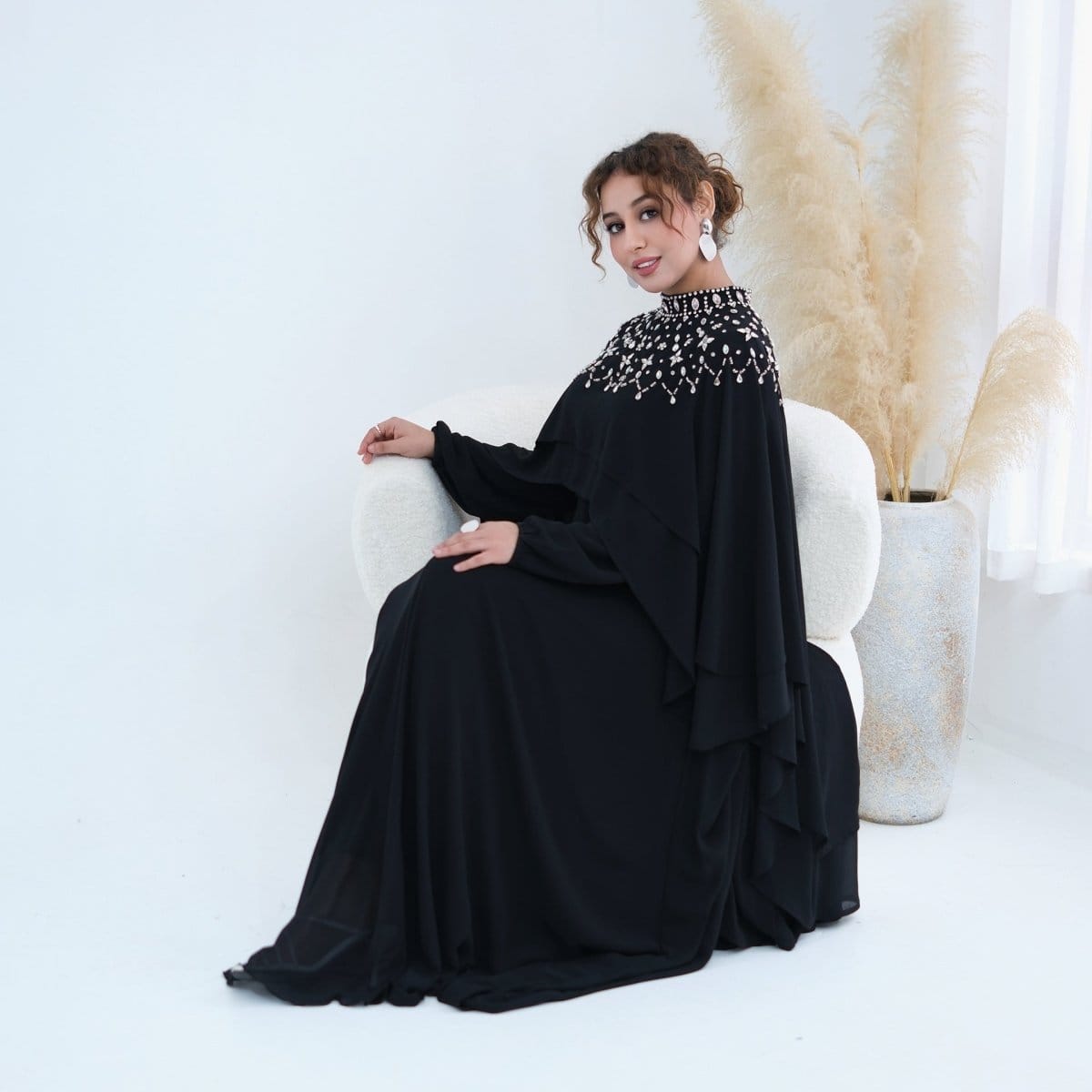 Crystal Embellished Cape Sleeve Chiffon Maxi Dress Set(MS461) - A-1 Thread Vault