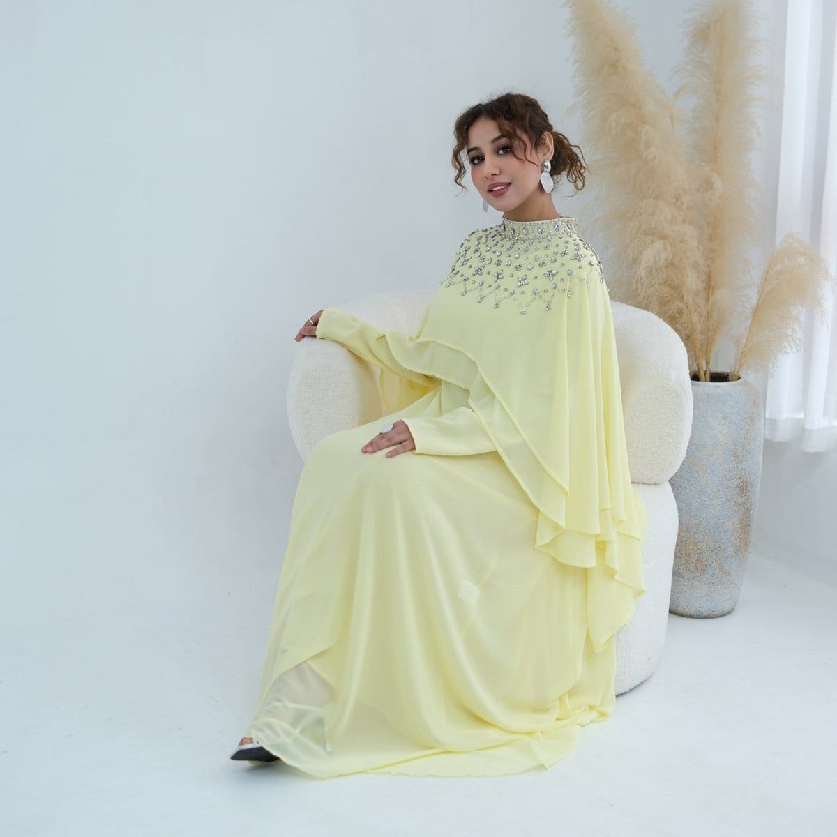 Crystal Embellished Cape Sleeve Chiffon Maxi Dress Set(MS461) - A-1 Thread Vault
