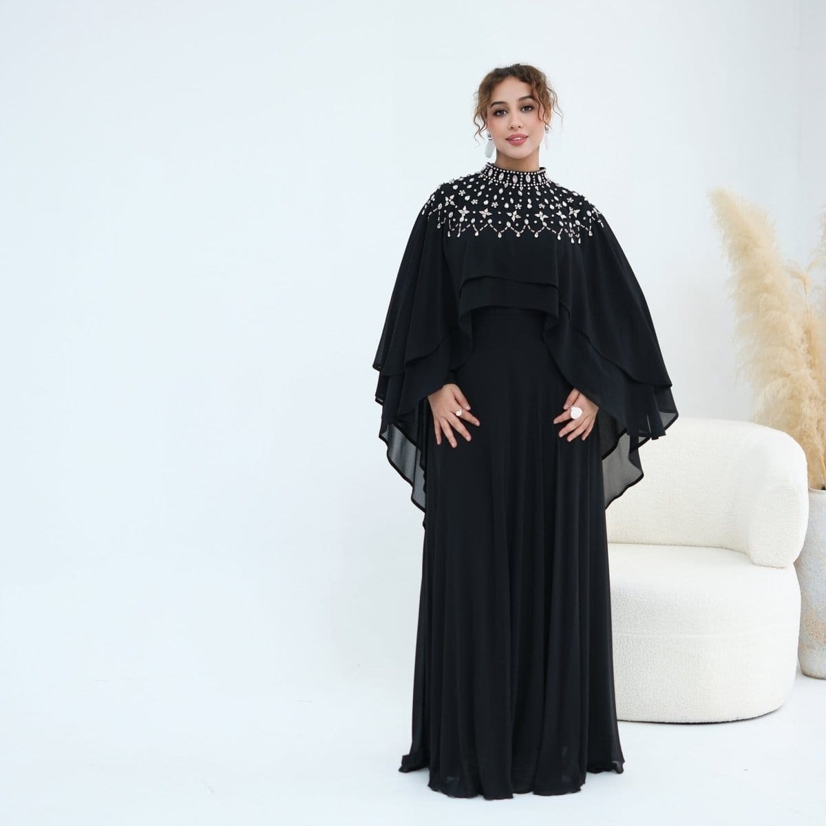 Crystal Embellished Cape Sleeve Chiffon Maxi Dress Set(MS461) - A-1 Thread Vault