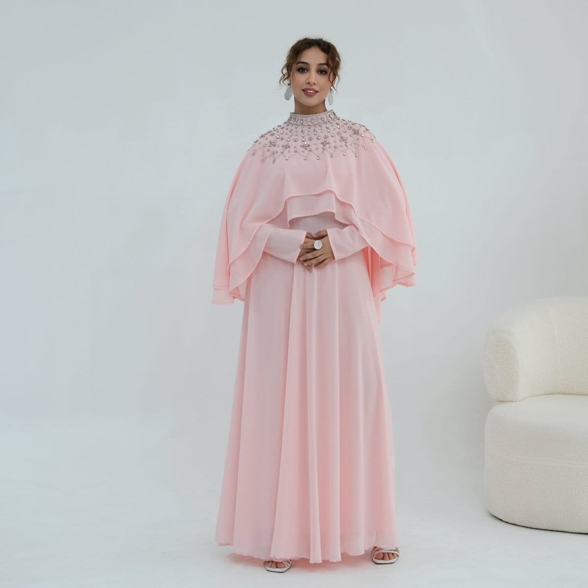 Crystal Embellished Cape Sleeve Chiffon Maxi Dress Set(MS461) - A-1 Thread Vault