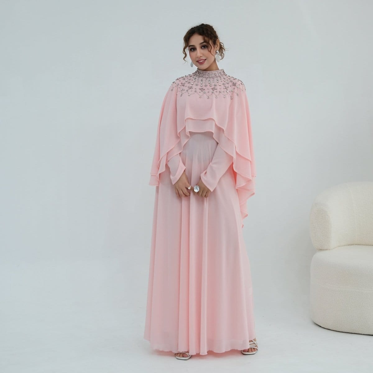 Crystal Embellished Cape Sleeve Chiffon Maxi Dress Set(MS461) - A-1 Thread Vault
