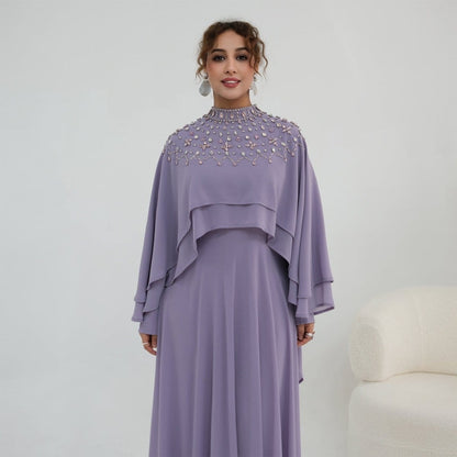 Crystal Embellished Cape Sleeve Chiffon Maxi Dress Set(MS461) - A-1 Thread Vault