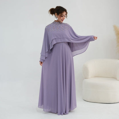 Crystal Embellished Cape Sleeve Chiffon Maxi Dress Set(MS461) - A-1 Thread Vault