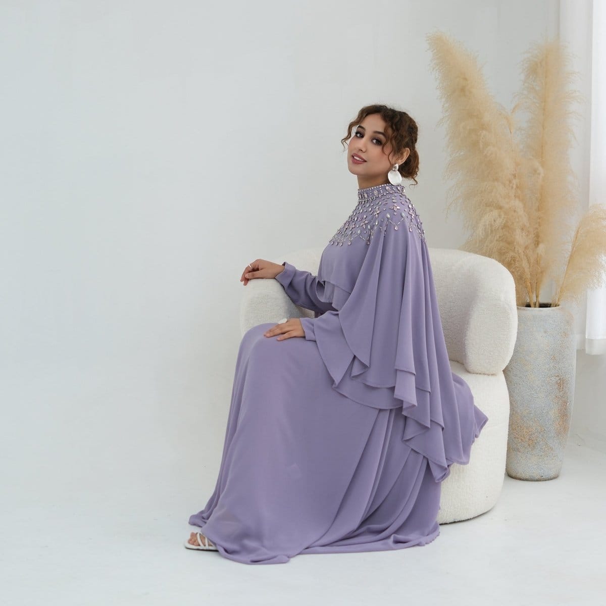 Crystal Embellished Cape Sleeve Chiffon Maxi Dress Set(MS461) - A-1 Thread Vault
