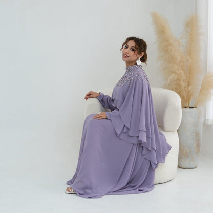 Crystal Embellished Cape Sleeve Chiffon Maxi Dress Set(MS461) - A-1 Thread Vault