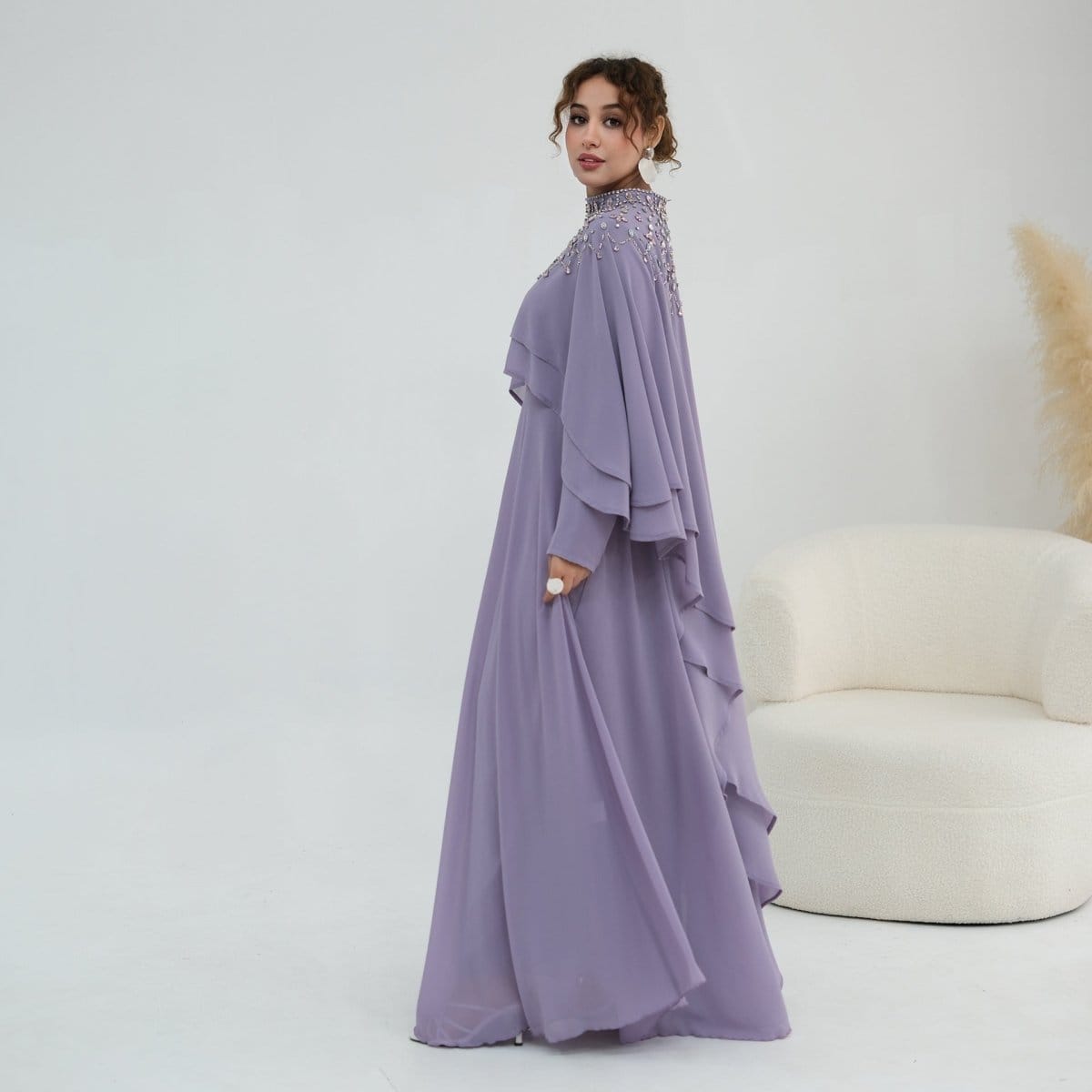 Crystal Embellished Cape Sleeve Chiffon Maxi Dress Set(MS461) - A-1 Thread Vault