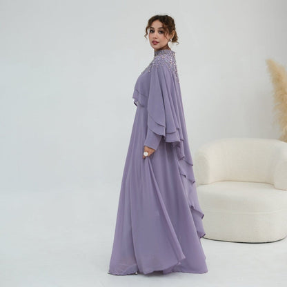 Crystal Embellished Cape Sleeve Chiffon Maxi Dress Set(MS461) - A-1 Thread Vault