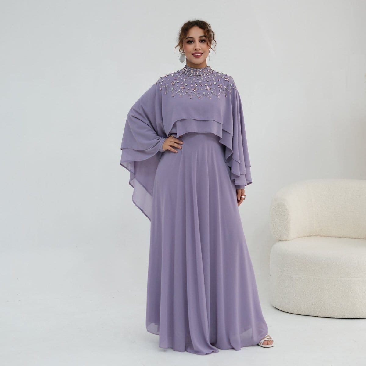 Crystal Embellished Cape Sleeve Chiffon Maxi Dress Set(MS461) - A-1 Thread Vault