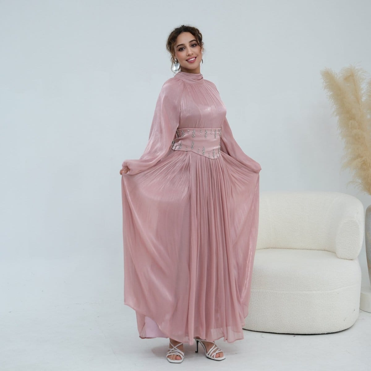 Crystal-Embellished Wide Belt Puff-Sleeve Maxi Dress(MS477) - A-1 Thread Vault