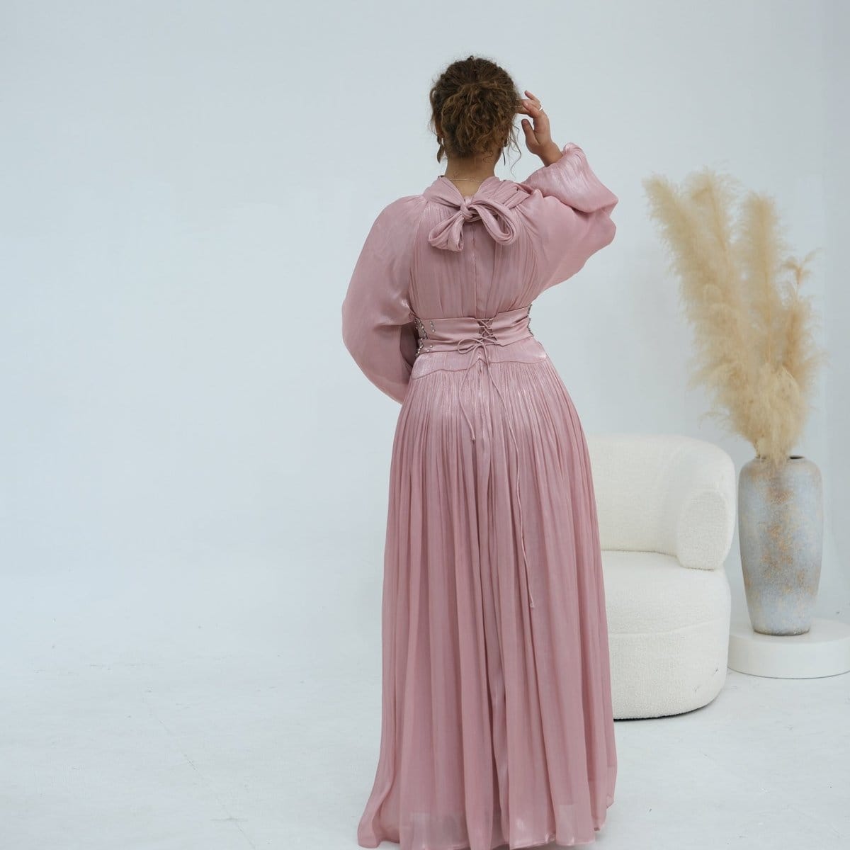 Crystal-Embellished Wide Belt Puff-Sleeve Maxi Dress(MS477) - A-1 Thread Vault