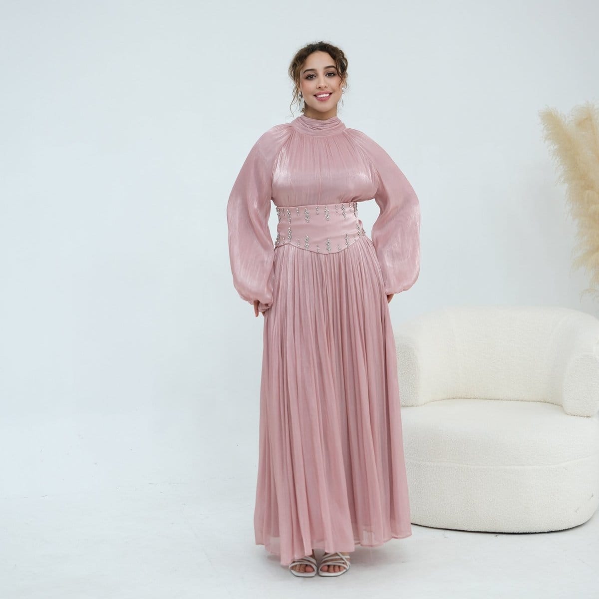 Crystal-Embellished Wide Belt Puff-Sleeve Maxi Dress(MS477) - A-1 Thread Vault